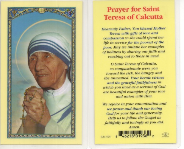 St. Teresa Of Calcutta Holy Prayer Card (2 Copies) – Mother Teresa Catholic Devotional