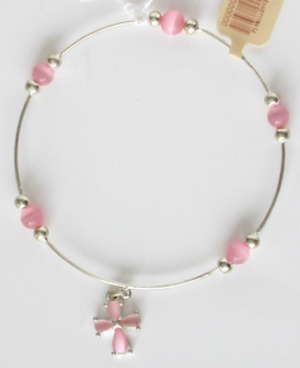 Bracelet - Silver Plate with Pink Cat's Eye Beads and Cross